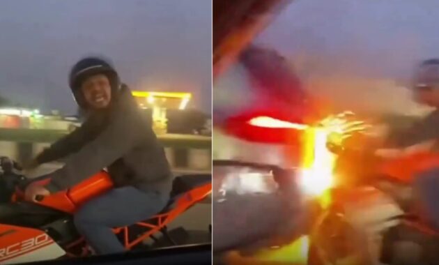 Road Rage Backfires as Furious KTM Rider Ends up Hitting a Car