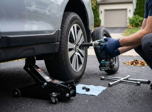 tyre change on driveway