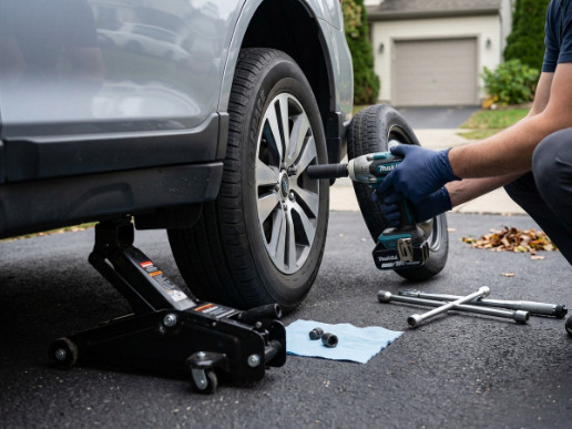tyre change on driveway
